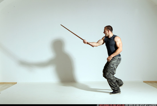 Man Adult Athletic White Fighting with sword Moving poses Casual