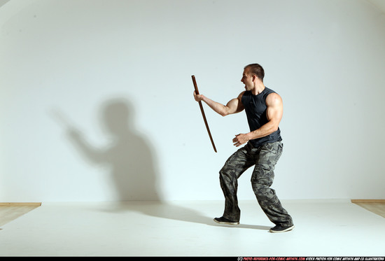 Man Adult Athletic White Fighting with sword Moving poses Casual