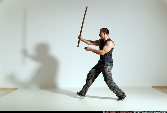 Man Adult Athletic White Fighting with sword Moving poses Casual