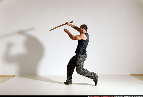 Man Adult Athletic White Fighting with sword Moving poses Casual