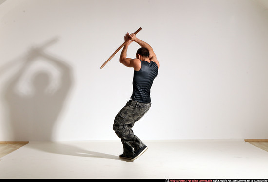 Man Adult Athletic White Fighting with sword Moving poses Casual