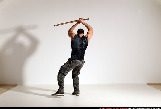 Man Adult Athletic White Fighting with sword Moving poses Casual