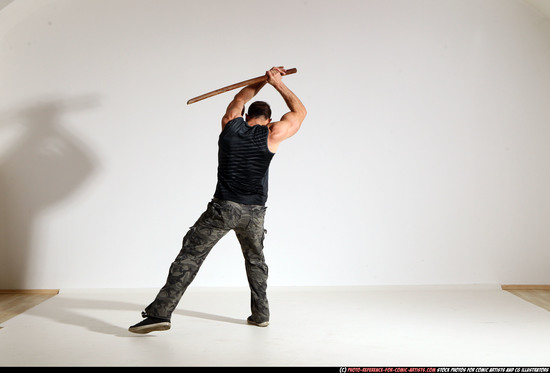 Man Adult Athletic White Fighting with sword Moving poses Casual