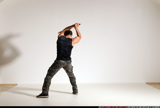 Man Adult Athletic White Fighting with sword Moving poses Casual