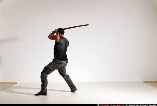 Man Adult Athletic White Fighting with sword Moving poses Casual