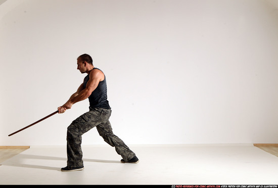 Man Adult Athletic White Fighting with sword Moving poses Casual