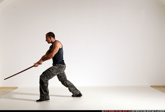 Man Adult Athletic White Fighting with sword Moving poses Casual