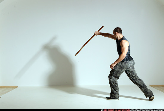 Man Adult Athletic White Fighting with sword Moving poses Casual