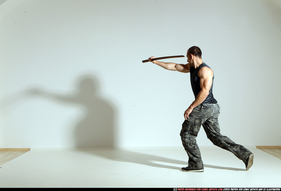 Man Adult Athletic White Fighting with sword Moving poses Casual