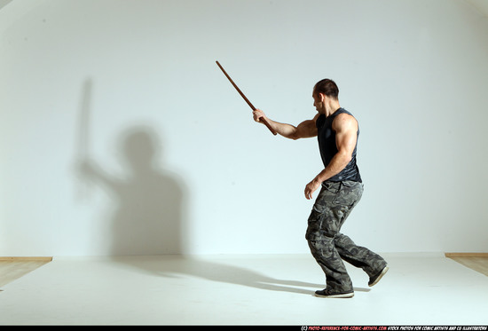 Man Adult Athletic White Fighting with sword Moving poses Casual