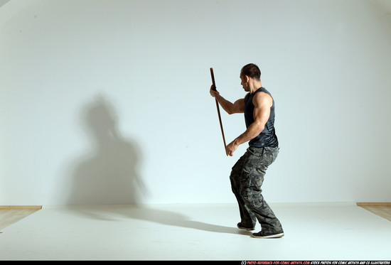 Man Adult Athletic White Fighting with sword Moving poses Casual