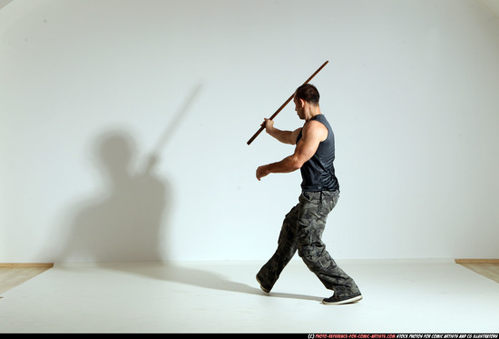 Man Adult Athletic White Fighting with sword Moving poses Casual