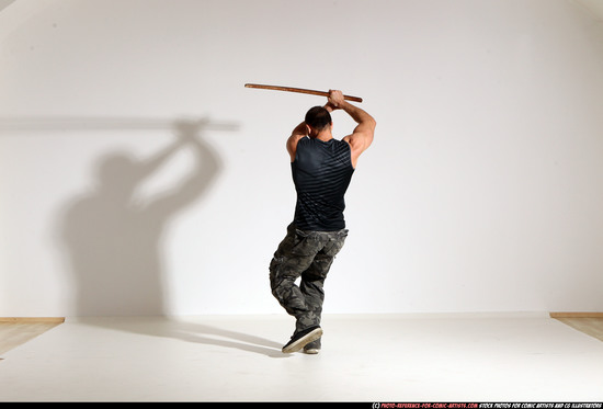 Man Adult Athletic White Fighting with sword Moving poses Casual