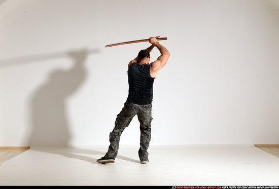 Man Adult Athletic White Fighting with sword Moving poses Casual