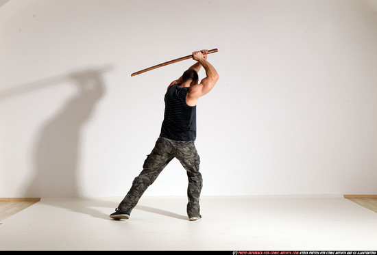 Man Adult Athletic White Fighting with sword Moving poses Casual