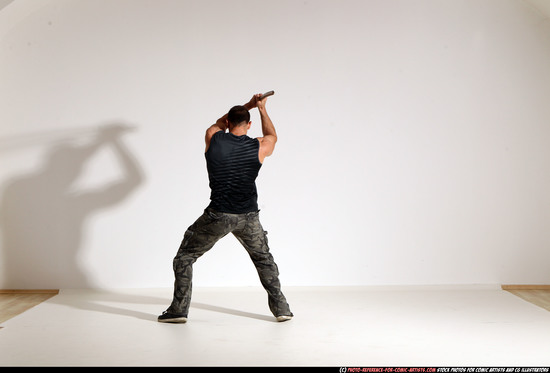 Man Adult Athletic White Fighting with sword Moving poses Casual