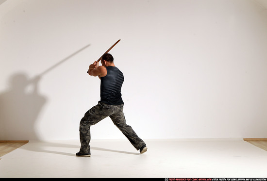 Man Adult Athletic White Fighting with sword Moving poses Casual