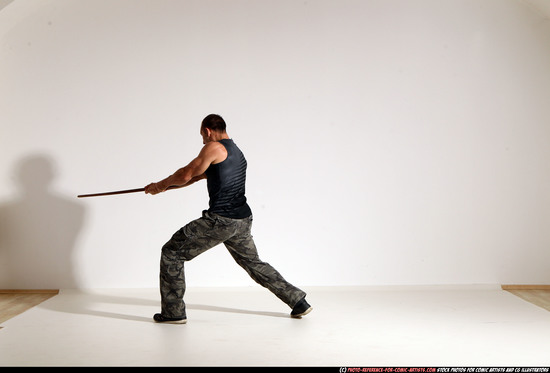 Man Adult Athletic White Fighting with sword Moving poses Casual