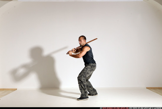 Man Adult Athletic White Fighting with sword Moving poses Casual