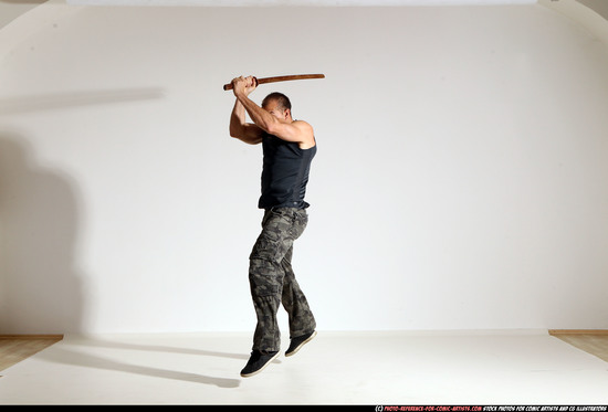 Man Adult Athletic White Fighting with sword Moving poses Casual