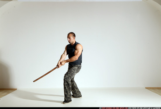 Man Adult Athletic White Fighting with sword Moving poses Casual