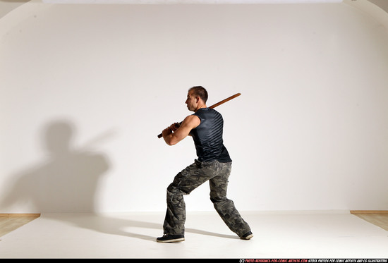 Man Adult Athletic White Fighting with sword Moving poses Casual