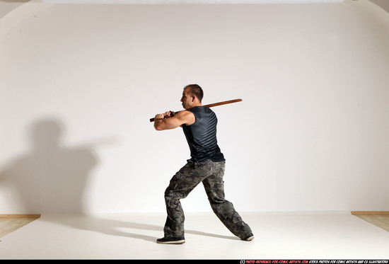 Man Adult Athletic White Fighting with sword Moving poses Casual