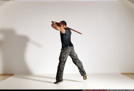 Man Adult Athletic White Fighting with sword Moving poses Casual