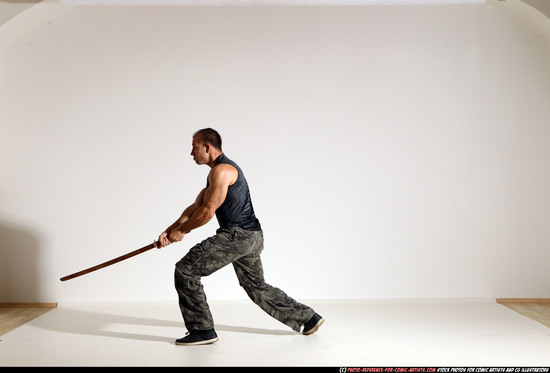 Man Adult Athletic White Fighting with sword Moving poses Casual