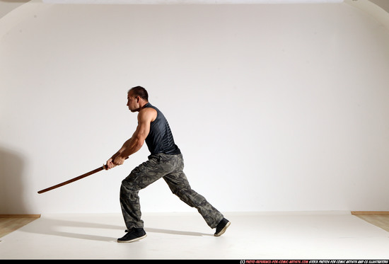 Man Adult Athletic White Fighting with sword Moving poses Casual