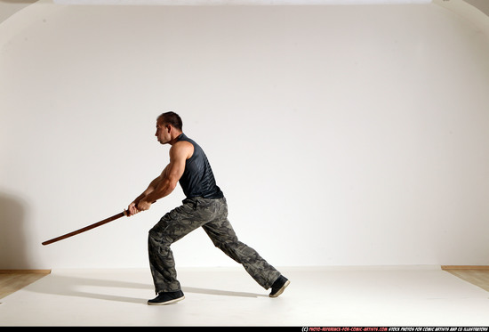 Man Adult Athletic White Fighting with sword Moving poses Casual