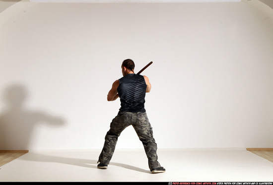 Man Adult Athletic White Fighting with sword Moving poses Casual