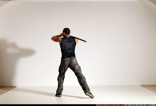 Man Adult Athletic White Fighting with sword Moving poses Casual