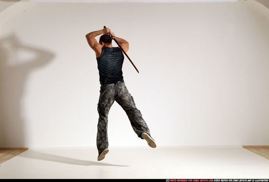 Man Adult Athletic White Fighting with sword Moving poses Casual