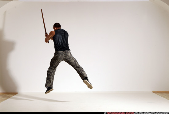 Man Adult Athletic White Fighting with sword Moving poses Casual