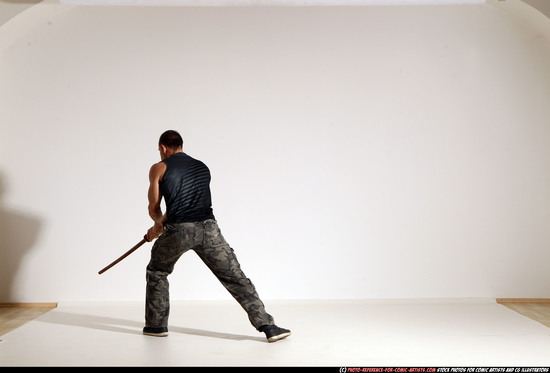 Man Adult Athletic White Fighting with sword Moving poses Casual