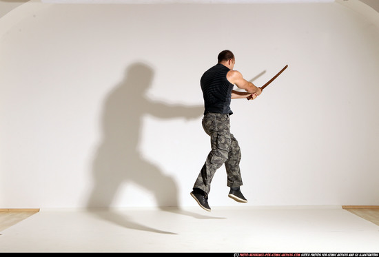 Man Adult Athletic White Fighting with sword Moving poses Casual