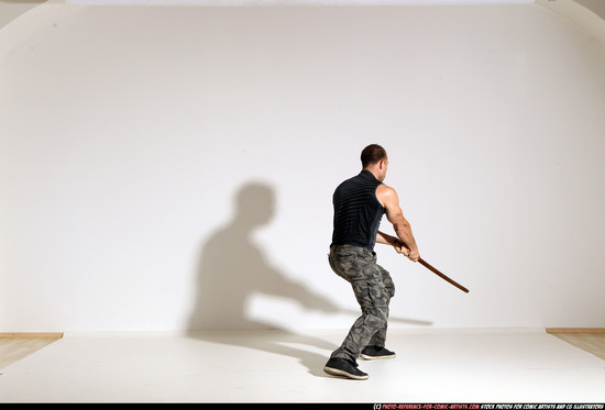 Man Adult Athletic White Fighting with sword Moving poses Casual