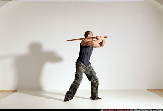 Man Adult Athletic White Fighting with sword Moving poses Casual