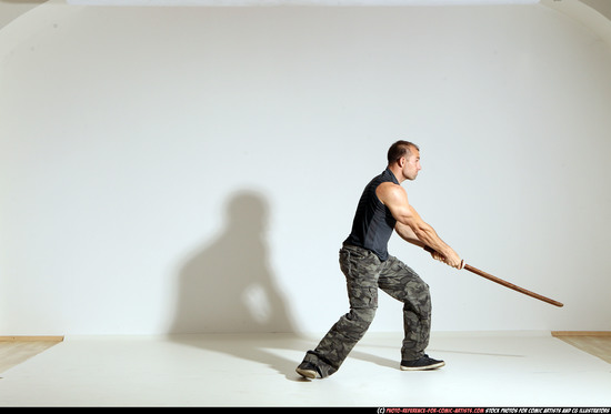 Man Adult Athletic White Fighting with sword Moving poses Casual