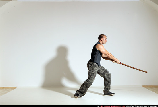 Man Adult Athletic White Fighting with sword Moving poses Casual