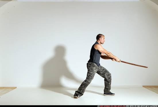 Man Adult Athletic White Fighting with sword Moving poses Casual