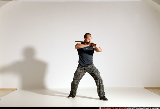 Man Adult Athletic White Fighting with sword Moving poses Casual