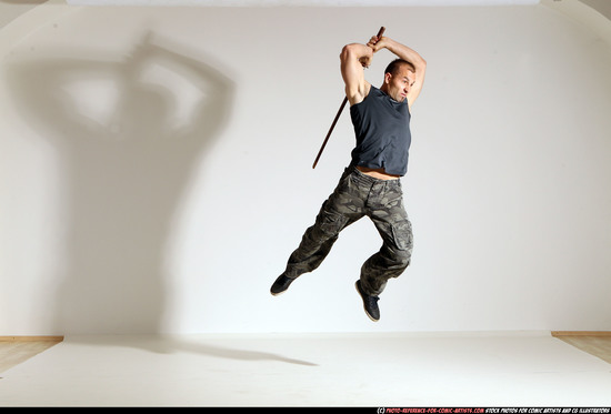 Man Adult Athletic White Fighting with sword Moving poses Casual