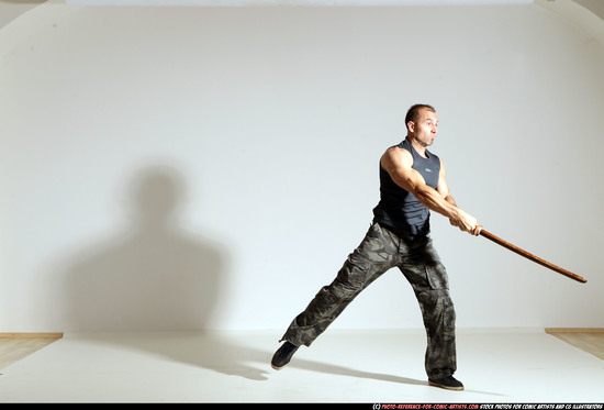 Man Adult Athletic White Fighting with sword Moving poses Casual