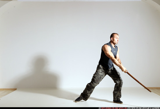 Man Adult Athletic White Fighting with sword Moving poses Casual