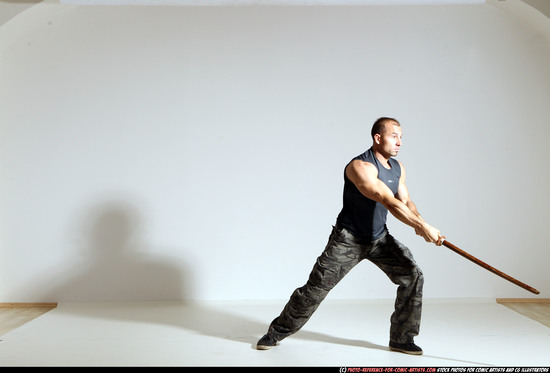 Man Adult Athletic White Fighting with sword Moving poses Casual