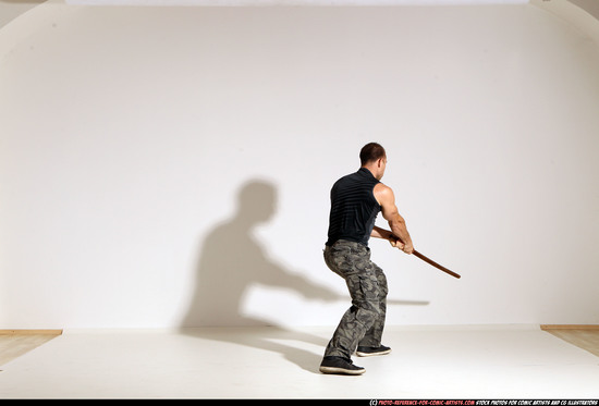 Man Adult Athletic White Fighting with sword Moving poses Casual