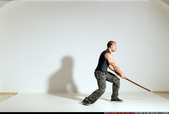 Man Adult Athletic White Fighting with sword Moving poses Casual