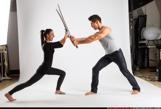 Man & Woman Adult Athletic White Fighting with sword Standing poses Casual